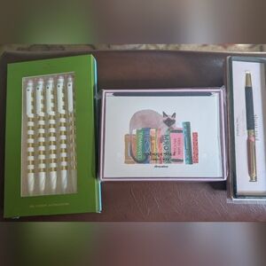 Kate spade Green and Gold Pen Set with Cat Notecards